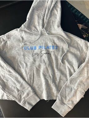 Club Pilates Gray Cropped Hoodie with Blue Logo